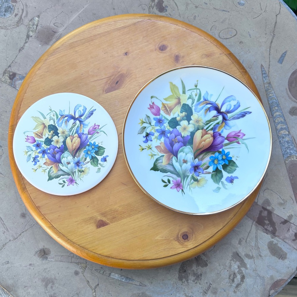 Vintage Porcelain Plate Trivet Set White Spring Floral Gold Rim Birks Canada
